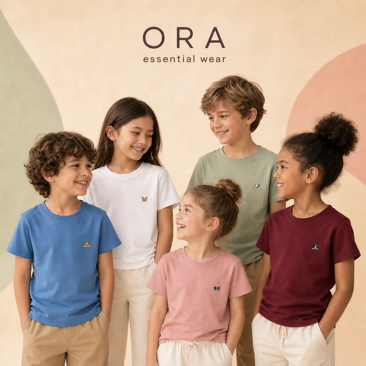 Niños usando camisetas ORA essential wear