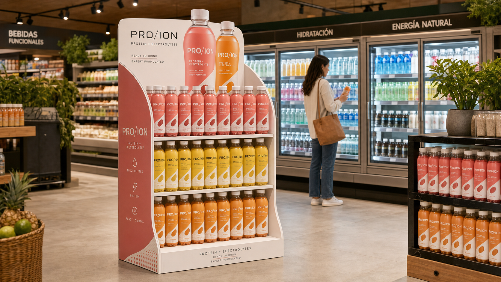 Exhibidor POP de PRO/ION en un supermercado premium