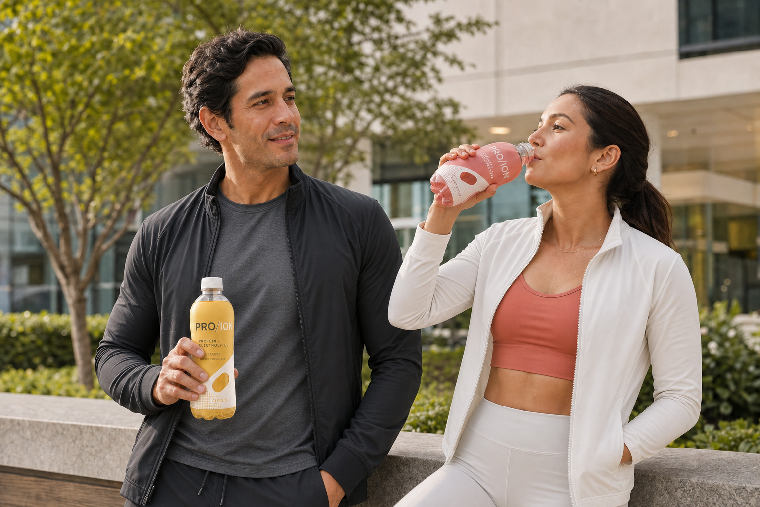 Mujer y hombre con ropa deportiva tomando PRO/ION después de hacer ejercicio