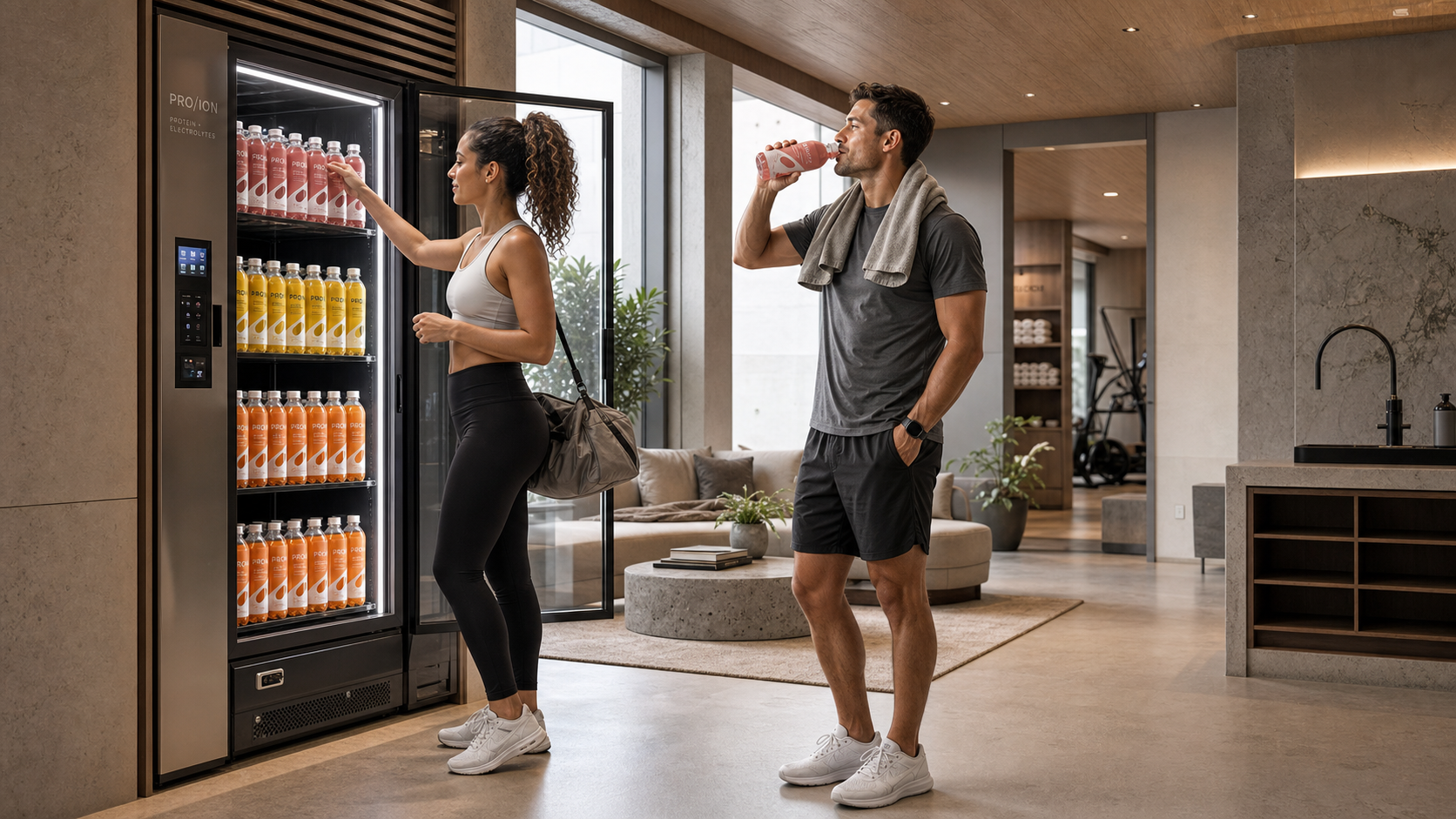 Usuarios con ropa deportiva accediendo a PRO/ION mediante una máquina expendedora en un gimnasio premium